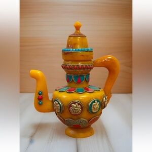 Handmade Tibetan Ritual Holy Water Offering Copal Resin Pot Inlay Stones 7”inch